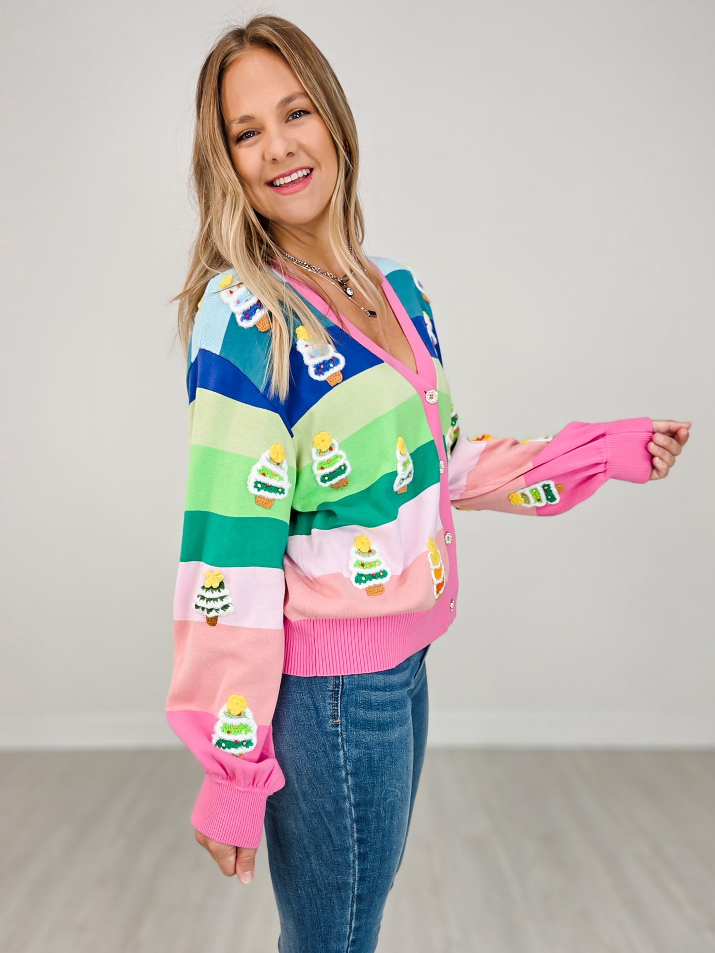 Queen of Sparkles Rainbow Stripe Knit Christmas Tree Cardigan
