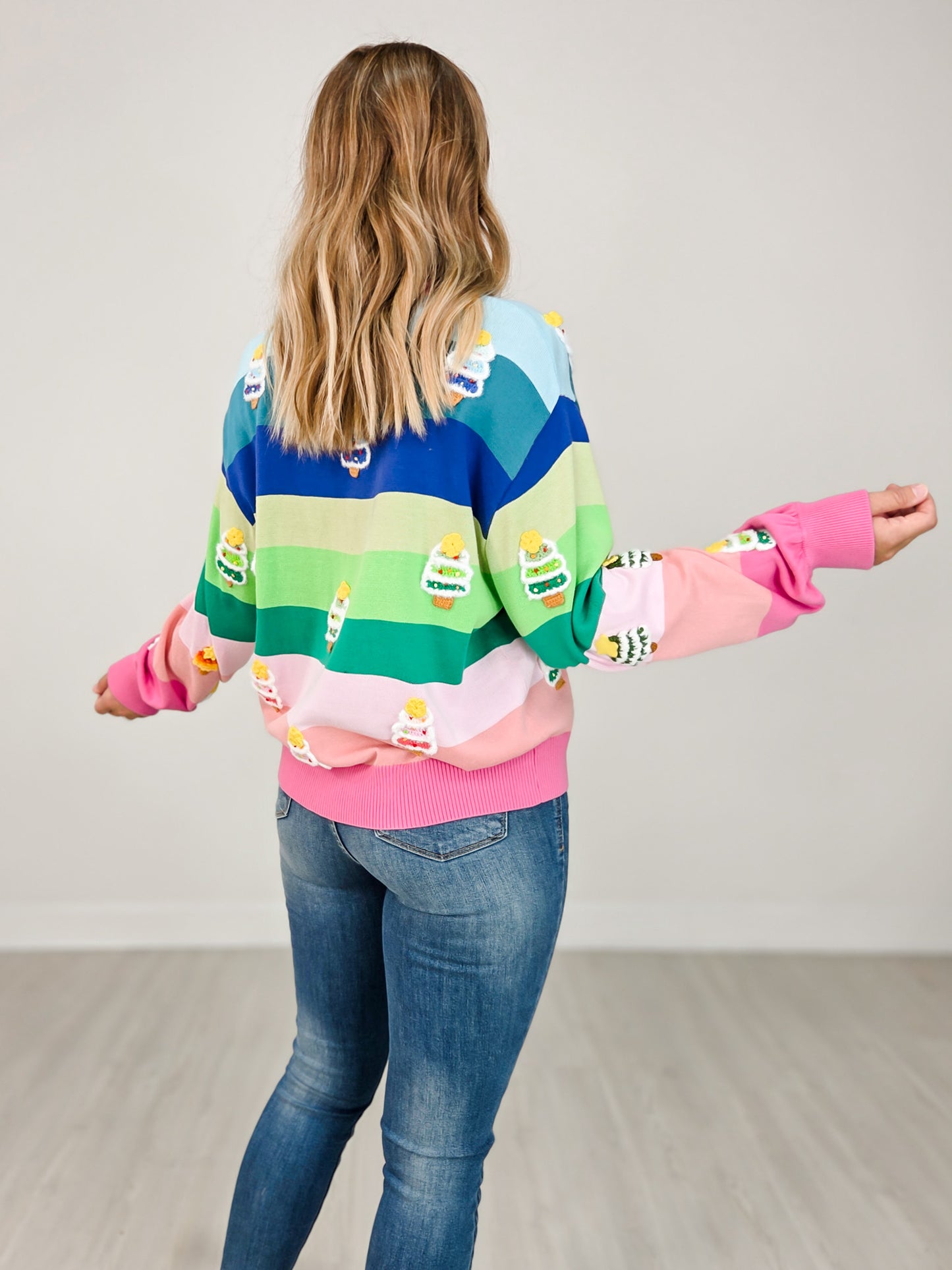 Queen of Sparkles Rainbow Stripe Knit Christmas Tree Cardigan
