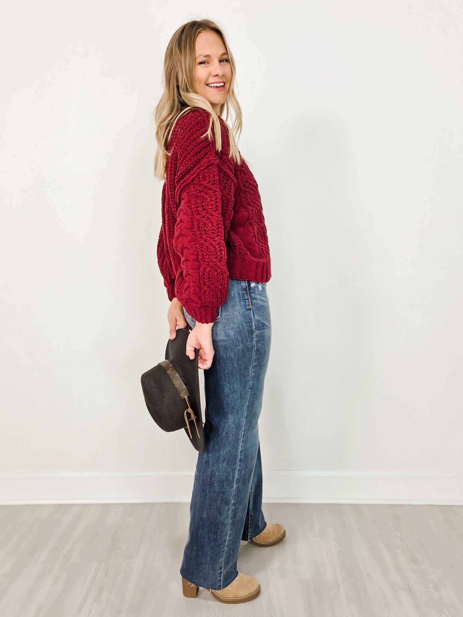 Mock Neck Cable Knit Balloon Sleeve Sweater - GRP B