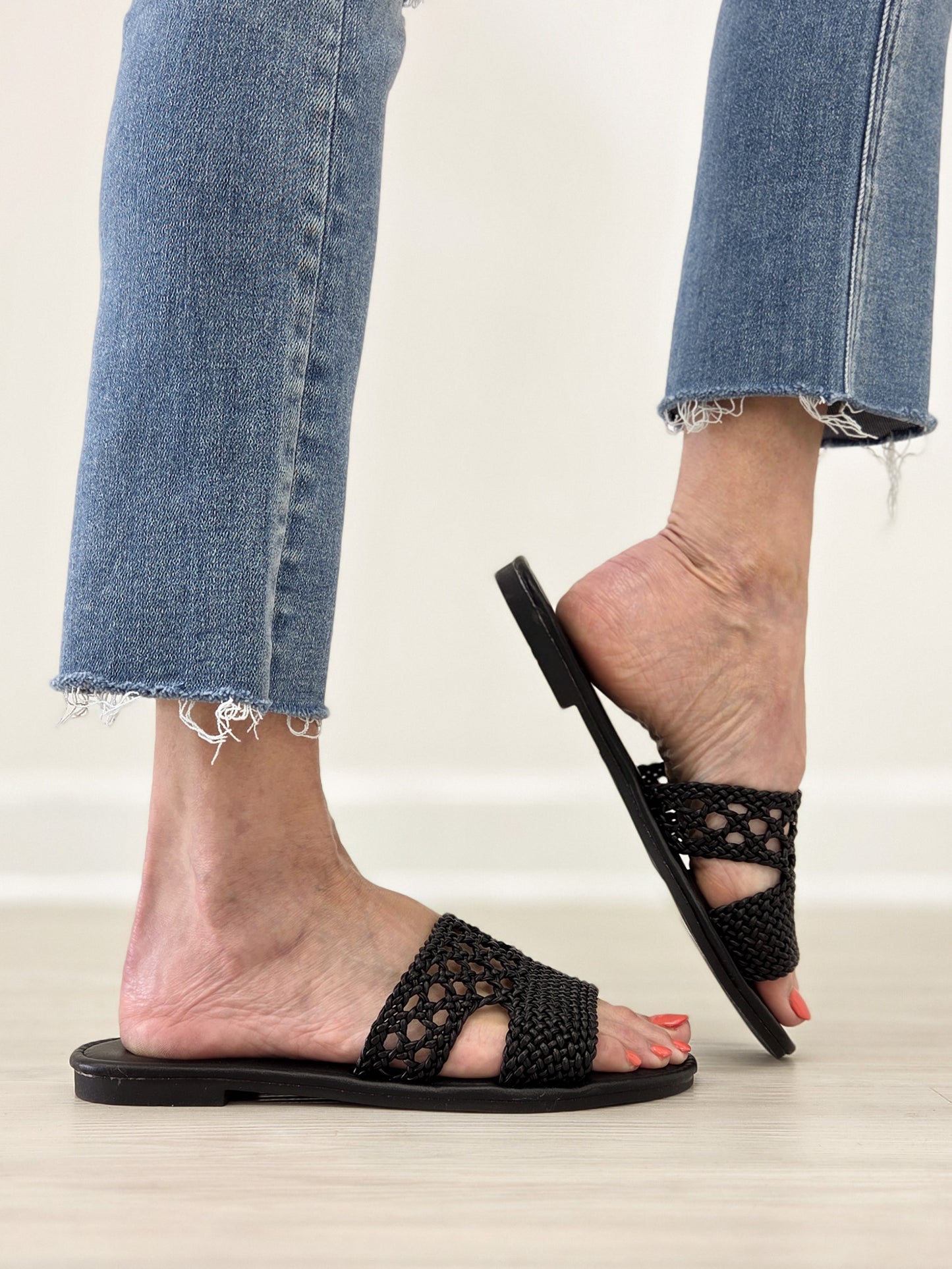Basketweave Woven Flat Slide Sandals