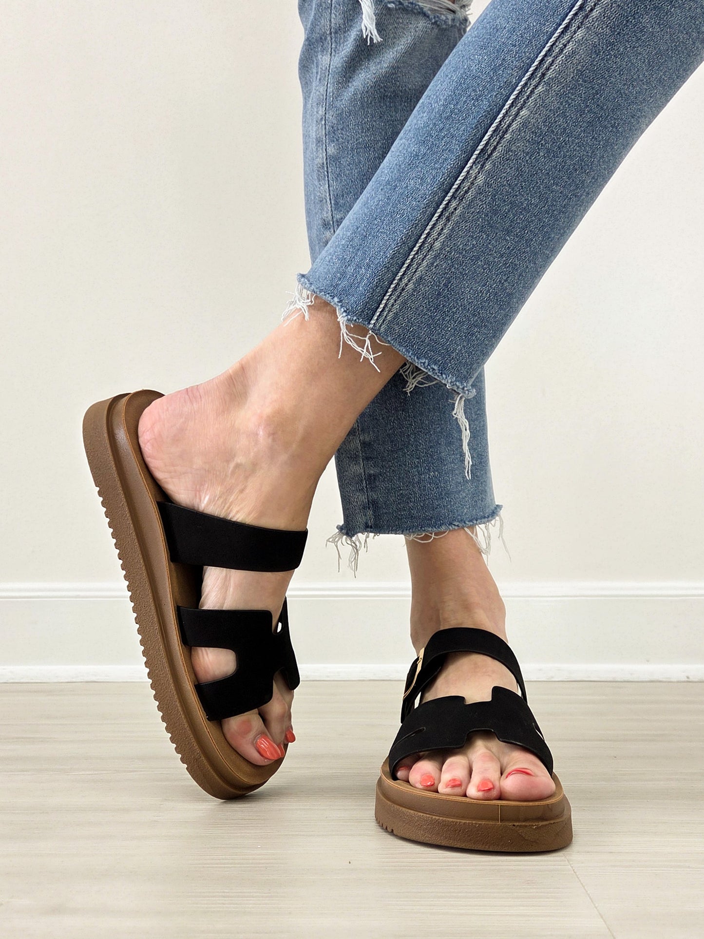 Strappy H Band Open Back Buckle Sandals