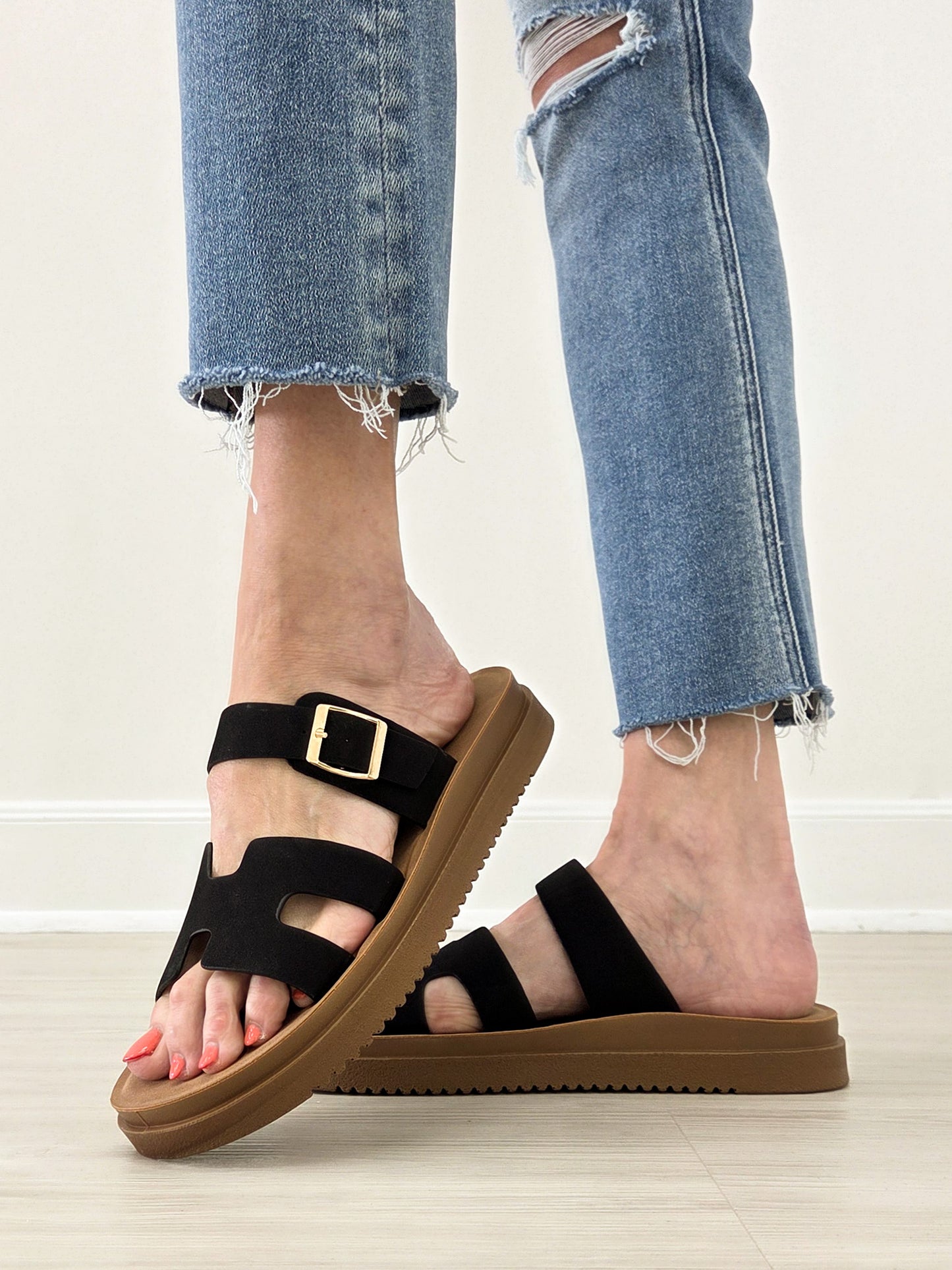 Strappy H Band Open Back Buckle Sandals