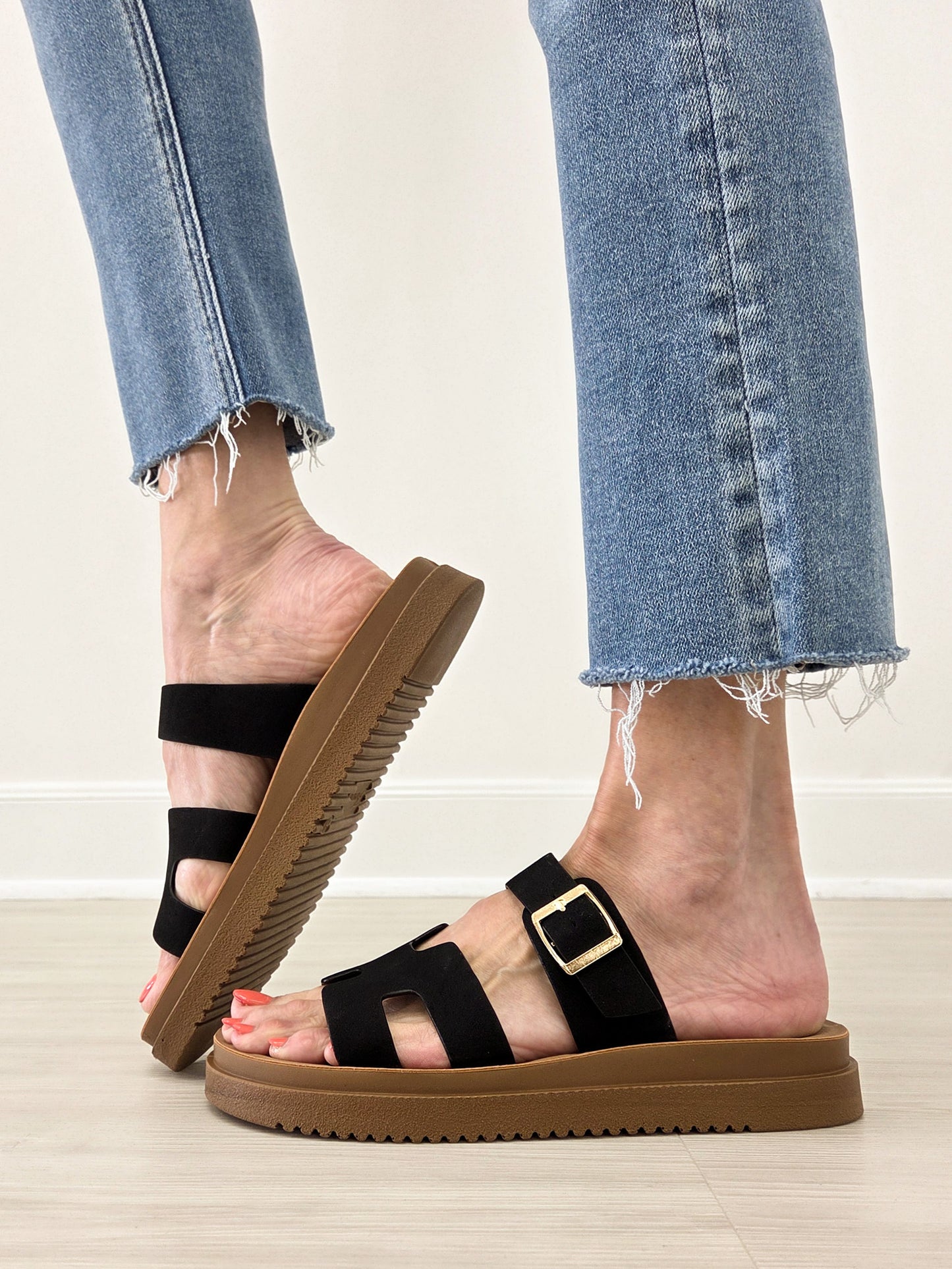 Strappy H Band Open Back Buckle Sandals