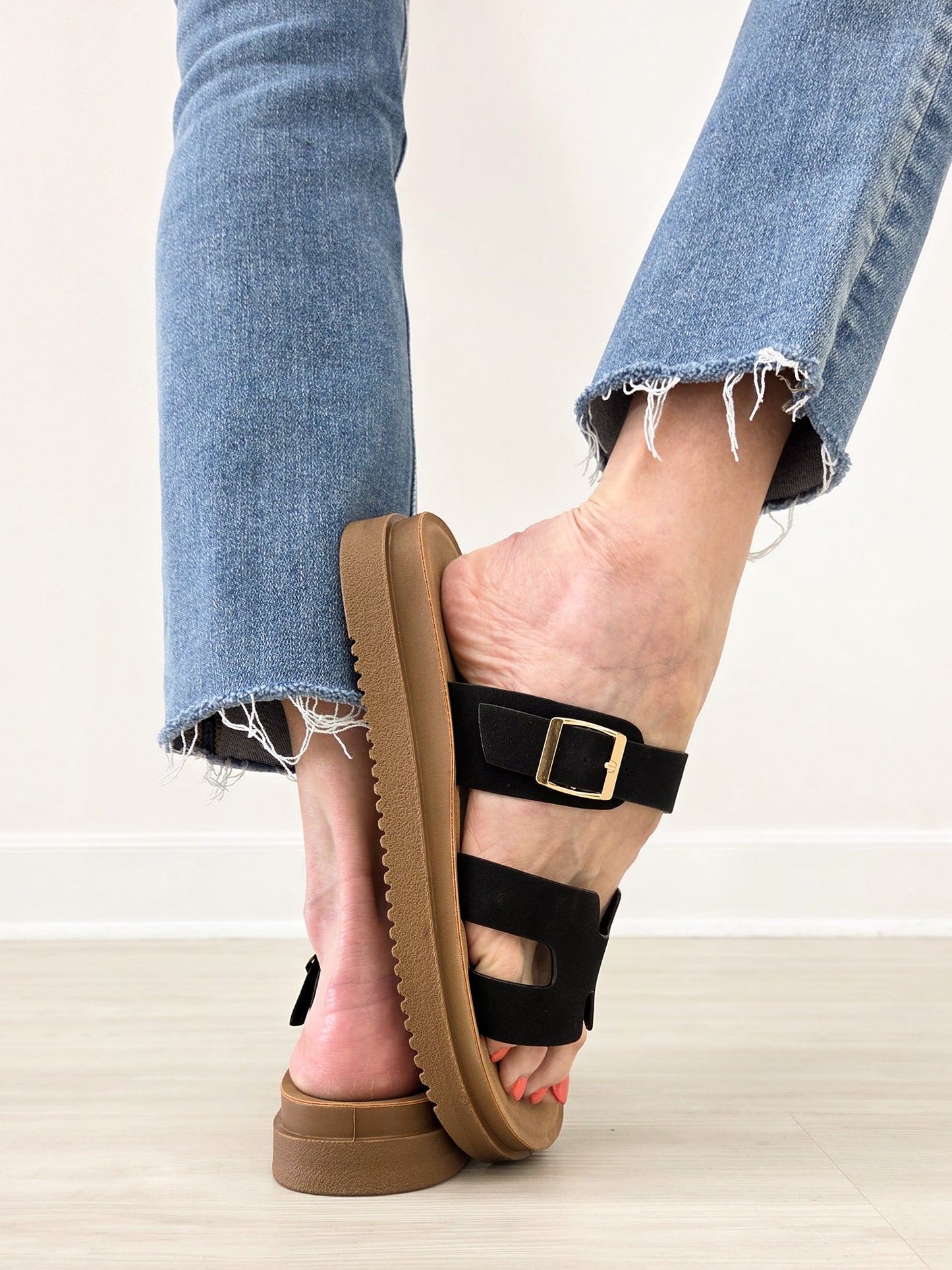 Strappy H Band Open Back Buckle Sandals