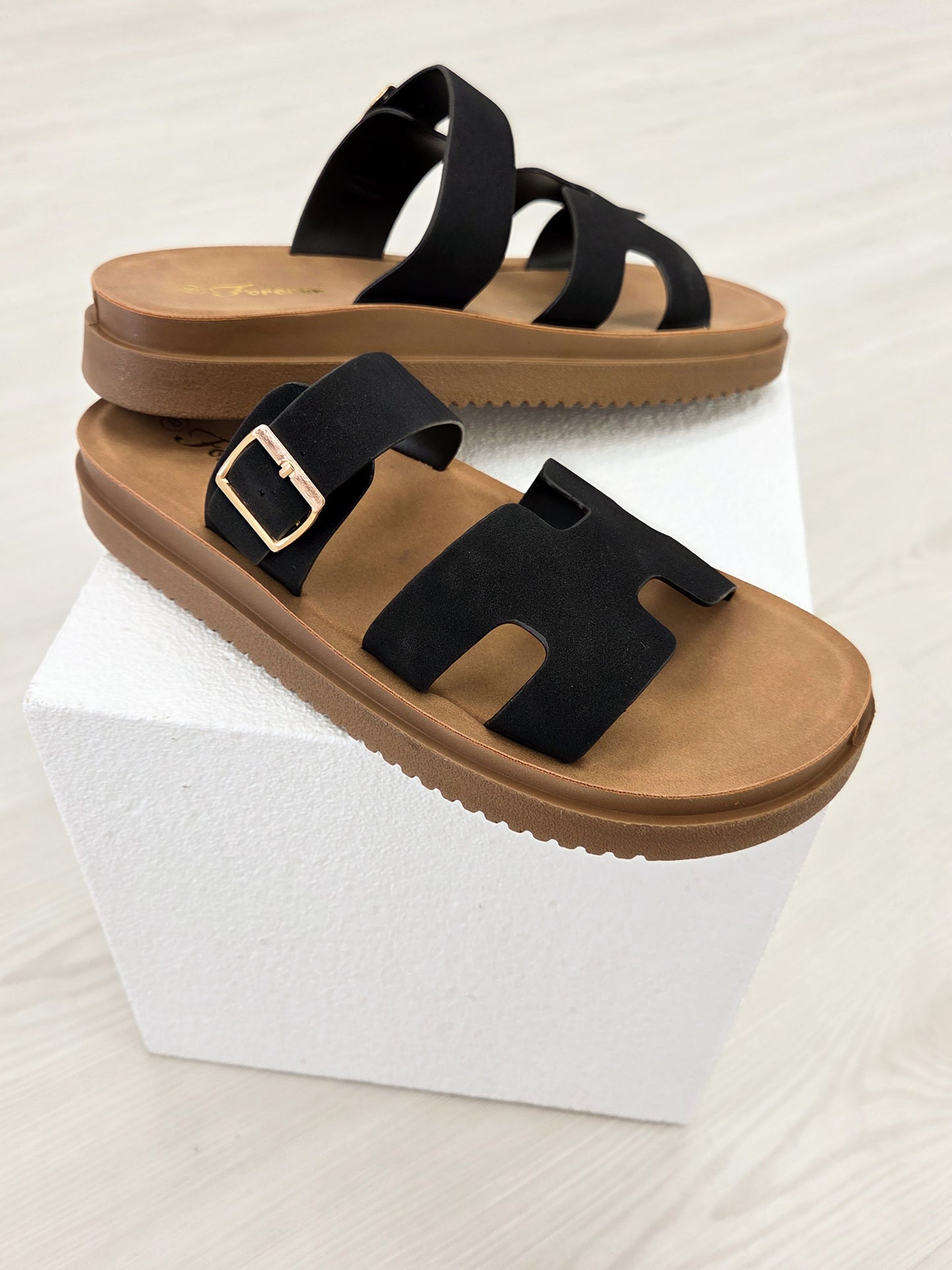Strappy H Band Open Back Buckle Sandals