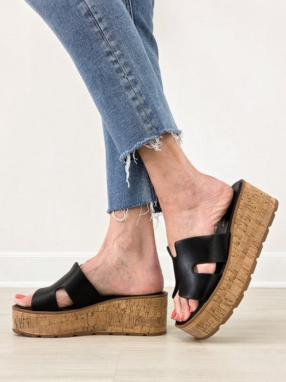 H Black Smooth Platform Wedge Slide Sandals
