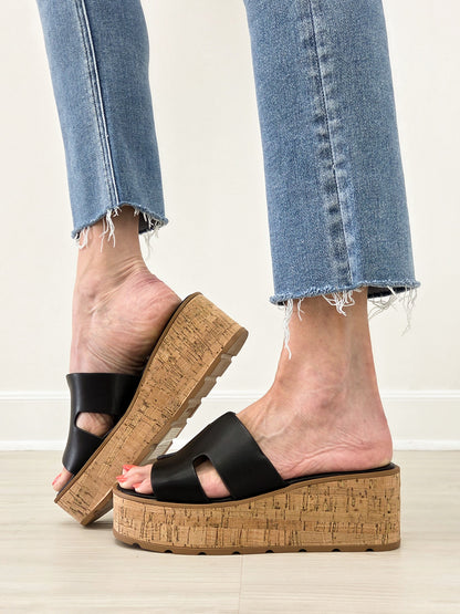H Black Smooth Platform Wedge Slide Sandals