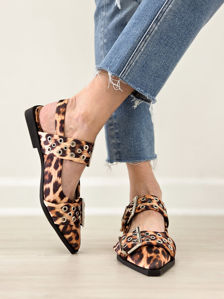 Double Buckle Swing Back Pointed Toe Flats with Grommet Detail