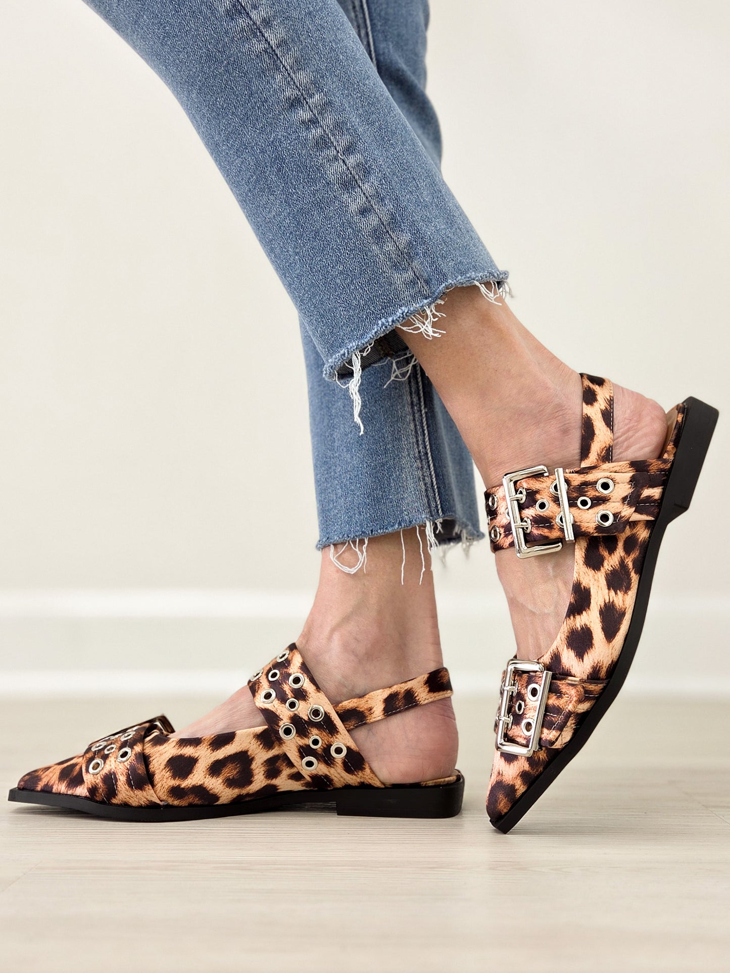 Double Buckle Swing Back Pointed Toe Flats with Grommet Detail