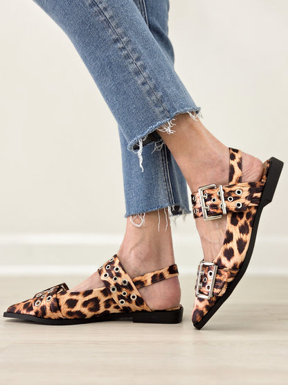 Double Buckle Swing Back Pointed Toe Flats with Grommet Detail