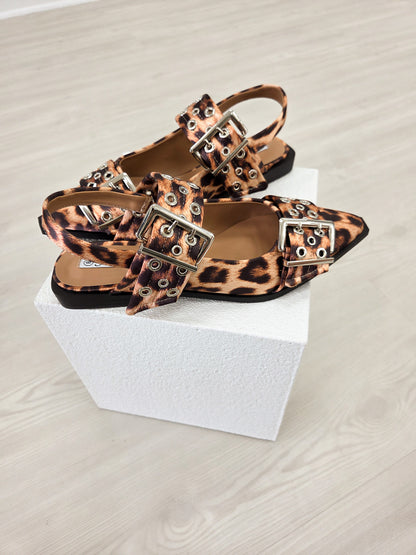 Double Buckle Swing Back Pointed Toe Flats with Grommet Detail