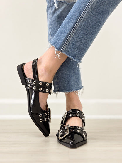 Double Buckle Swing Back Pointed Toe Flats with Grommet Detail