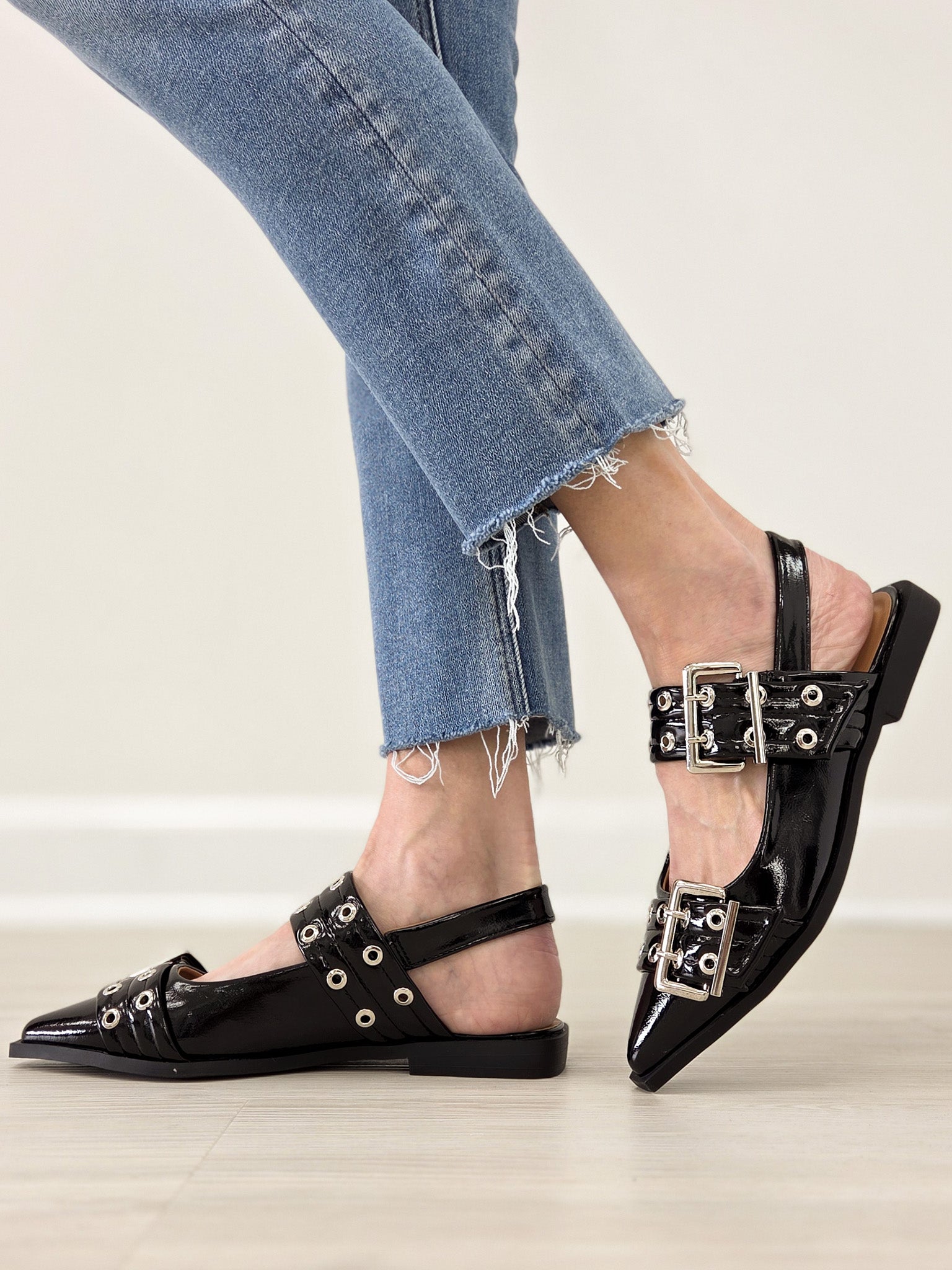 Double Buckle Swing Back Pointed Toe Flats with Grommet Detail