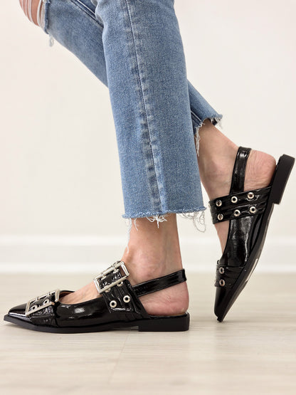 Double Buckle Swing Back Pointed Toe Flats with Grommet Detail
