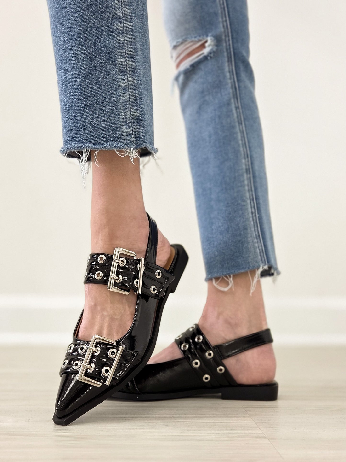 Double Buckle Swing Back Pointed Toe Flats with Grommet Detail