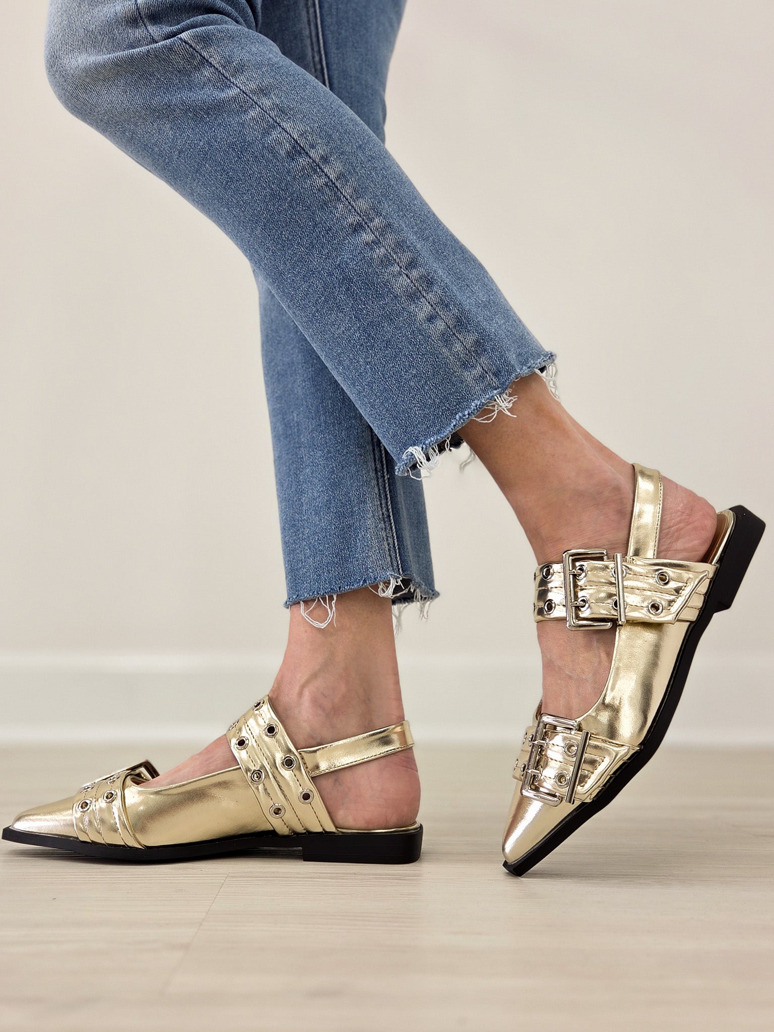 Double Buckle Swing Back Pointed Toe Flats with Grommet Detail