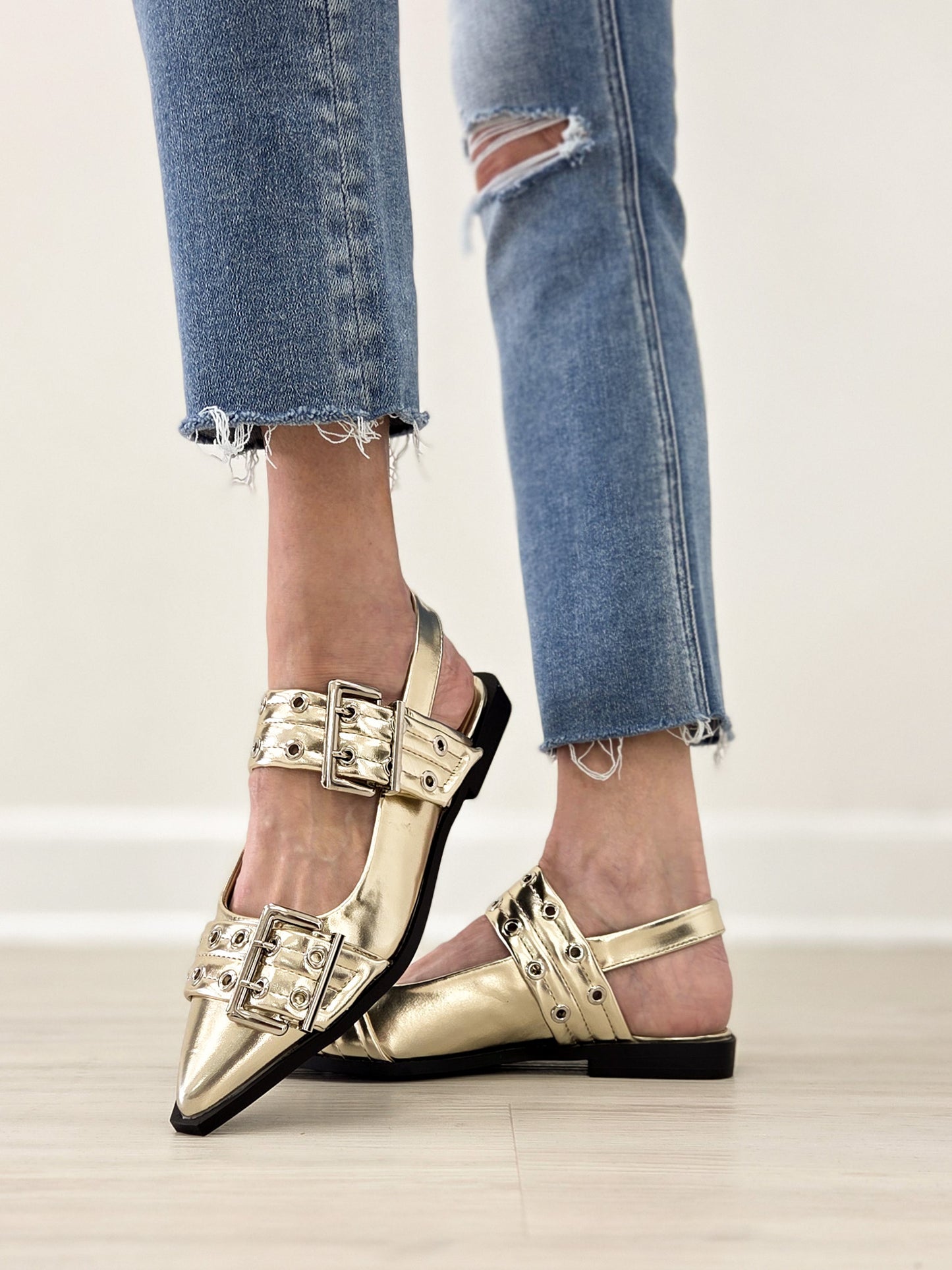 Double Buckle Swing Back Pointed Toe Flats with Grommet Detail