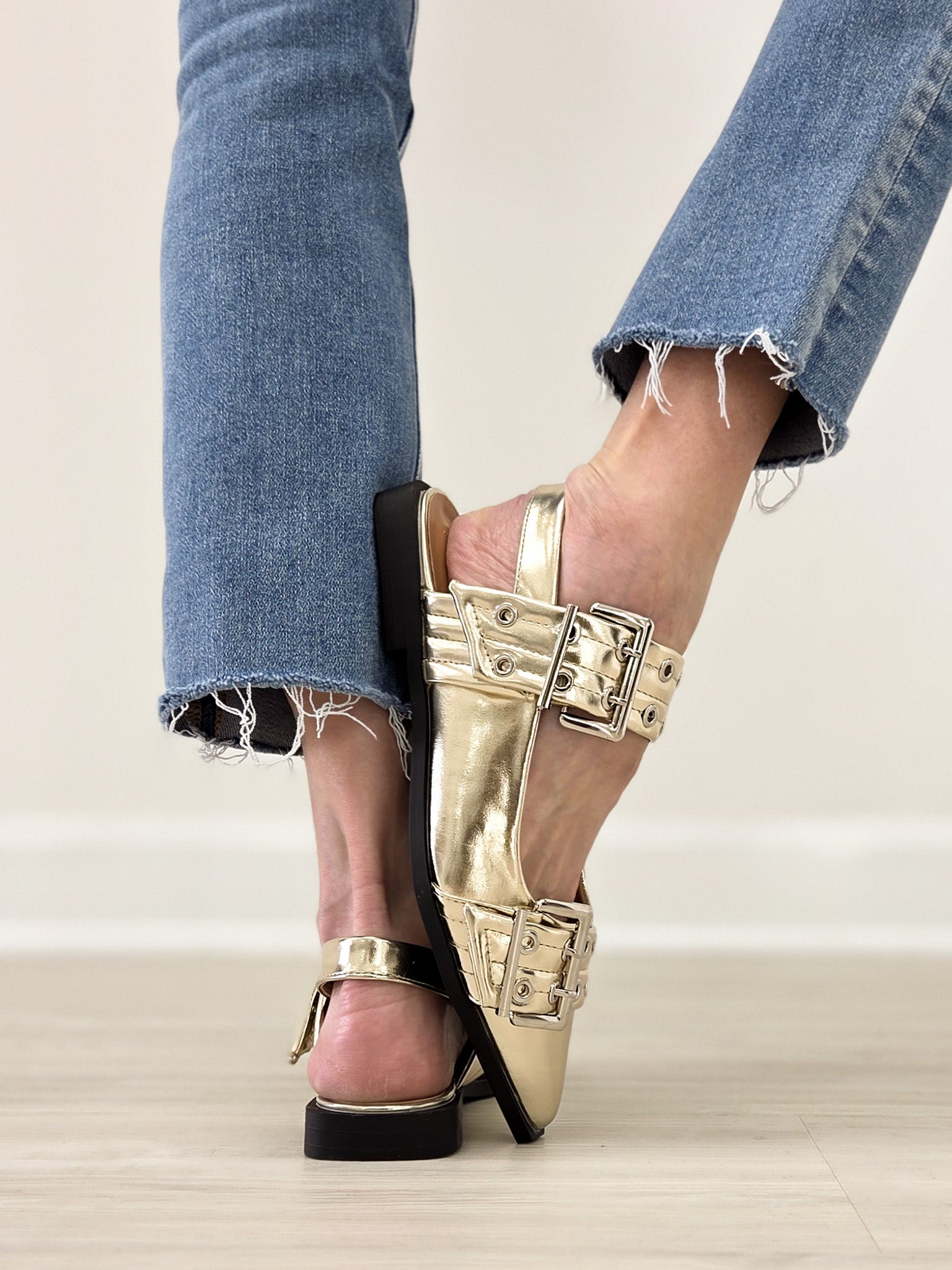 Double Buckle Swing Back Pointed Toe Flats with Grommet Detail