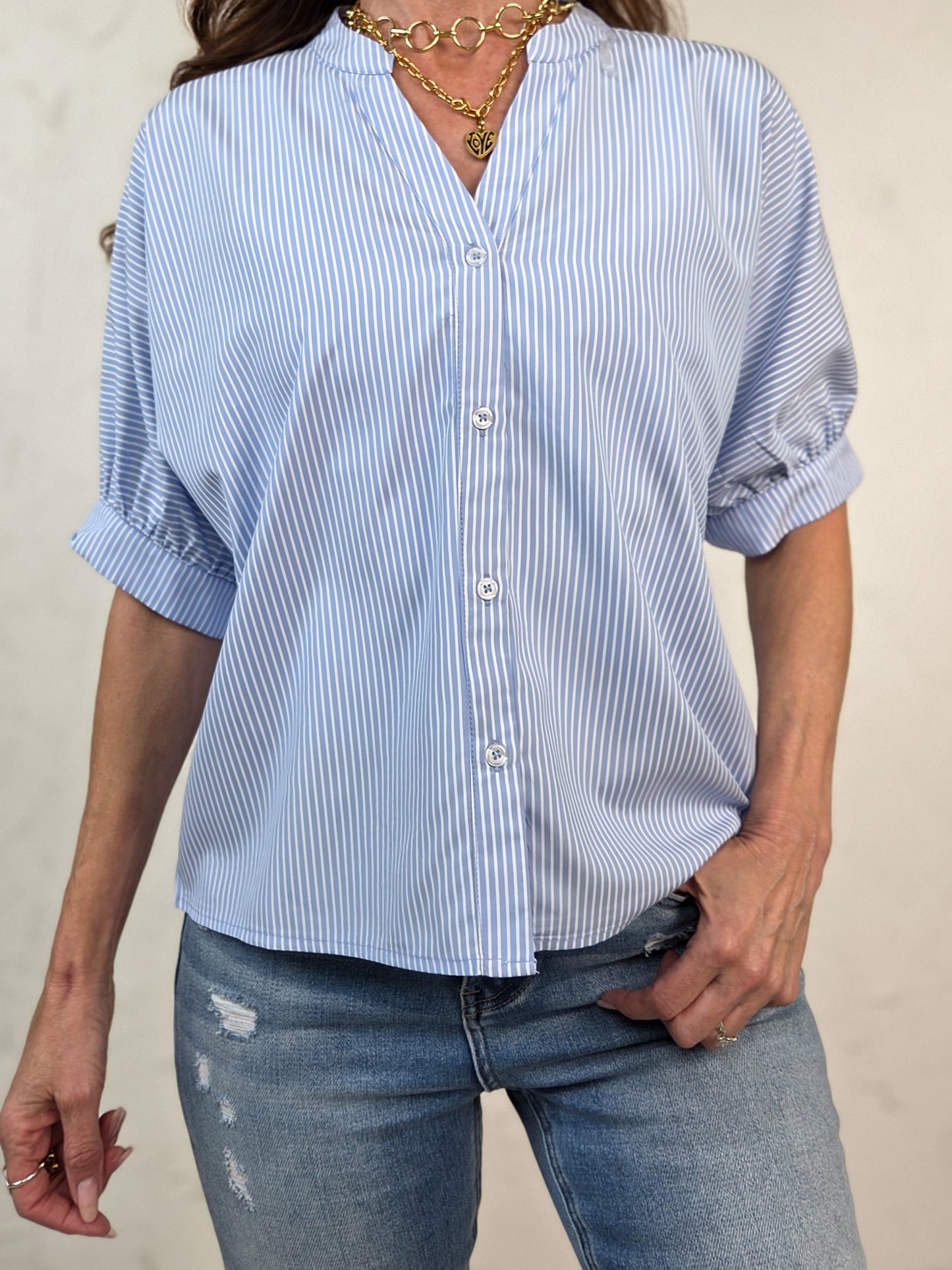 China Collar Button Down Pinstriped Top