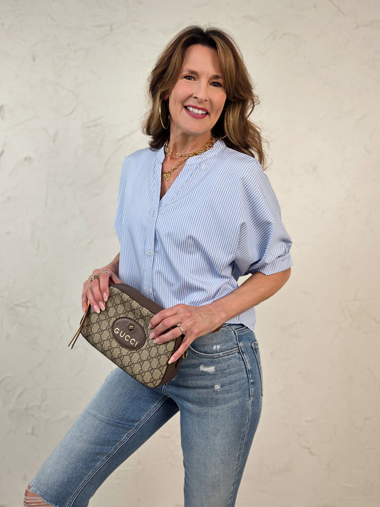 China Collar Button Down Pinstriped Top