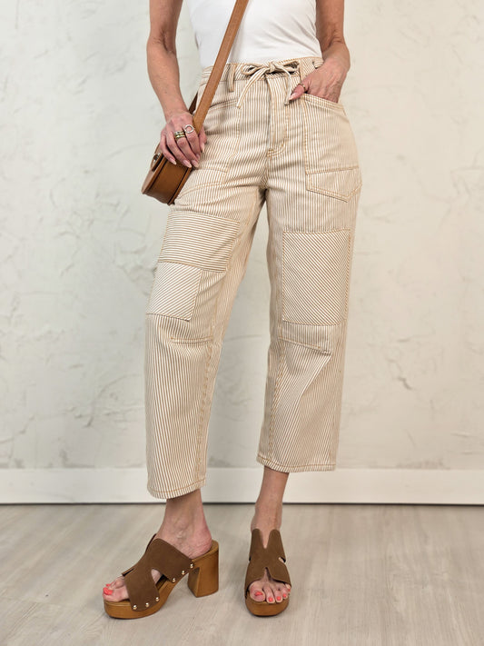 Drawstring Waist Striped Wash Twill Relaxed Fit Bottoms