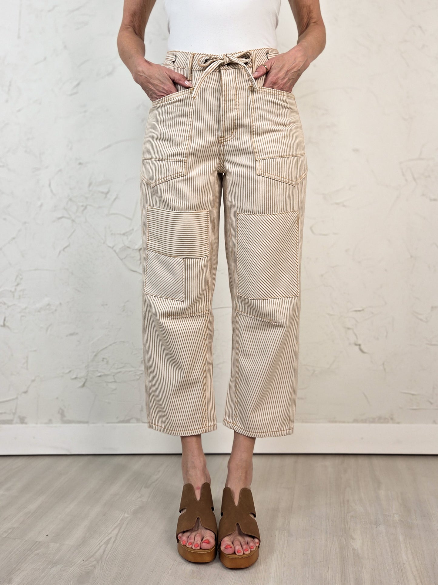 Drawstring Waist Striped Wash Twill Relaxed Fit Bottoms