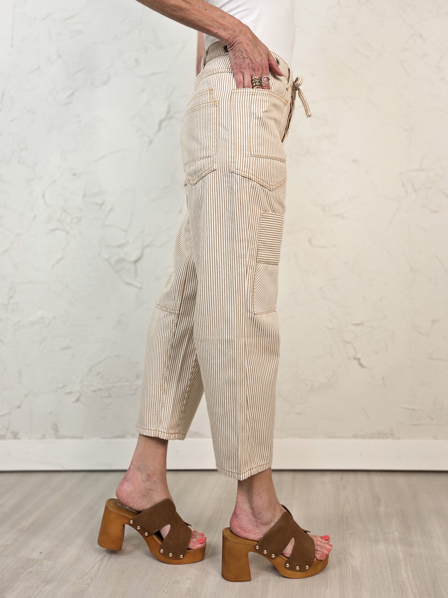 Drawstring Waist Striped Wash Twill Relaxed Fit Bottoms