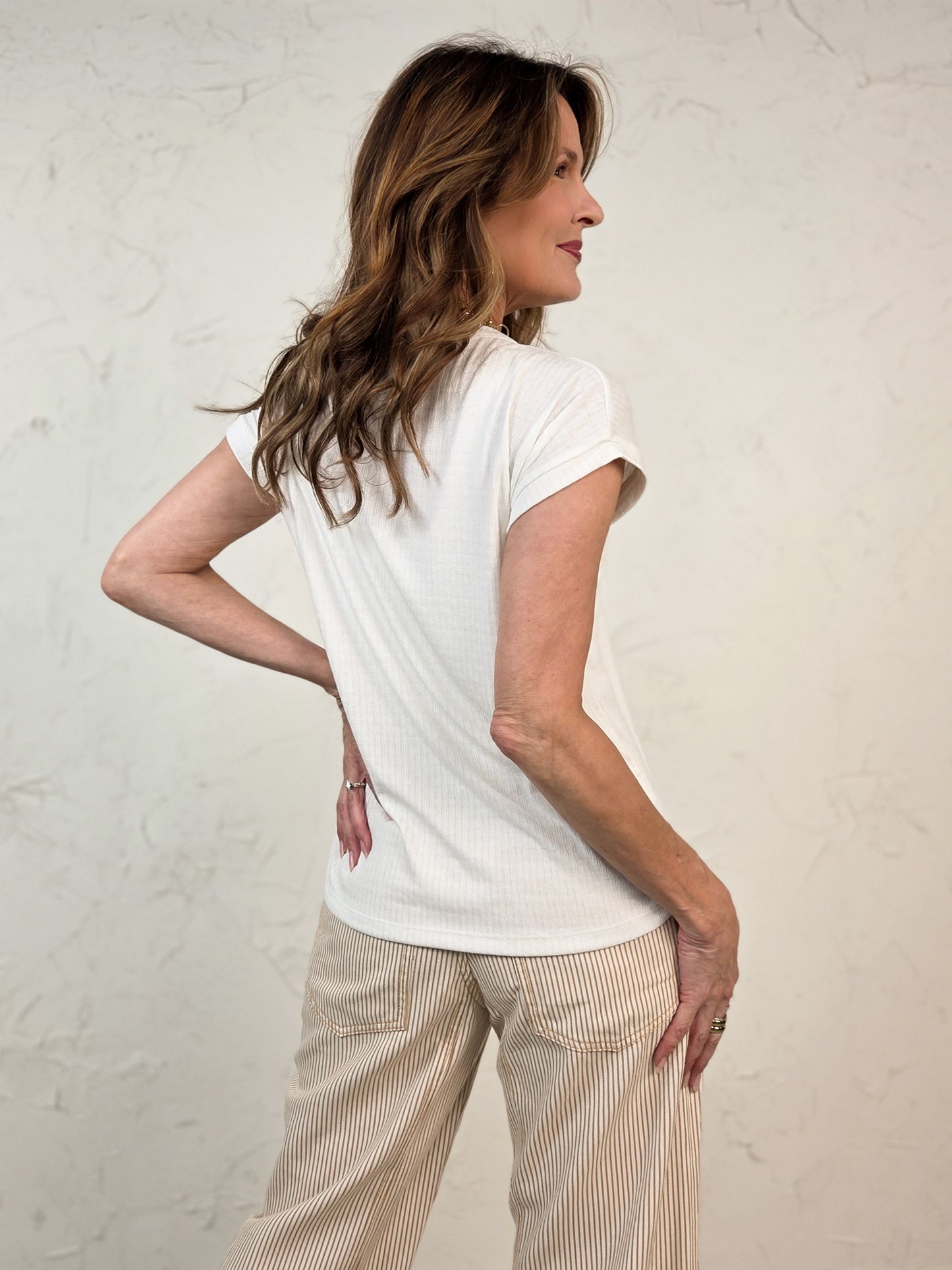 Short Sleeve V-Neck Pointelle Top