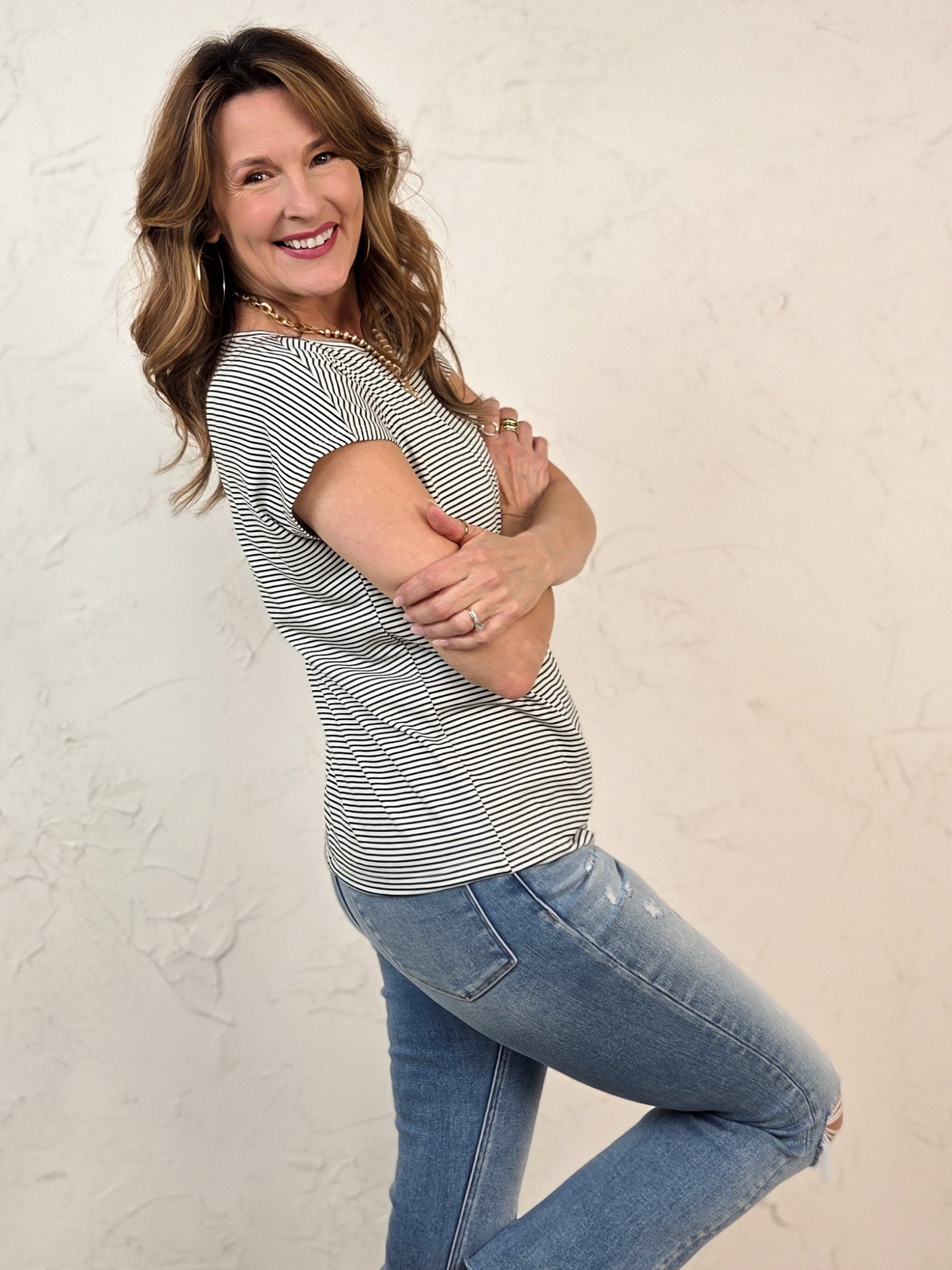 Short Sleeve Chest Pocket Pinstriped Top