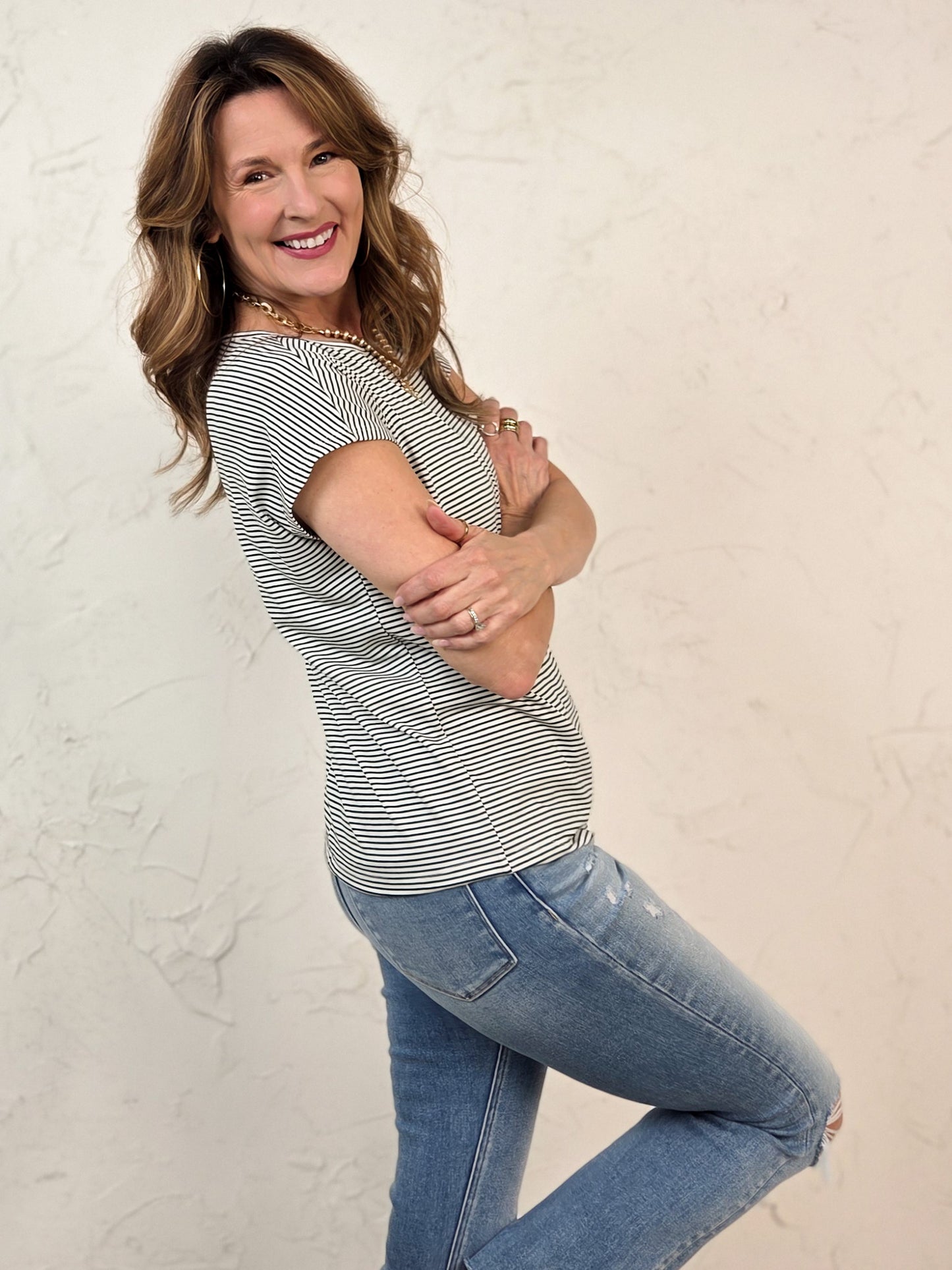 Short Sleeve Chest Pocket Pinstriped Top