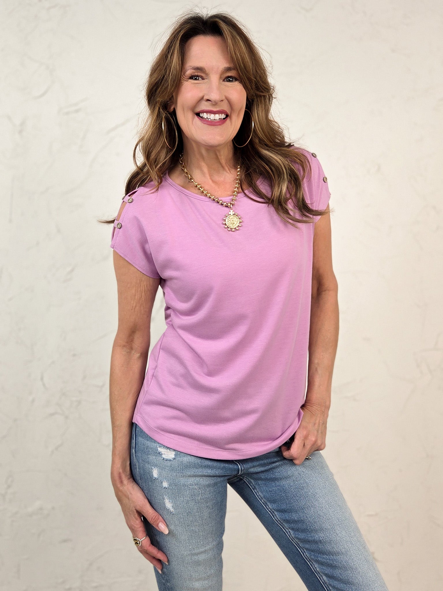 Short Sleeve Button Shoulder Solid Terry Top