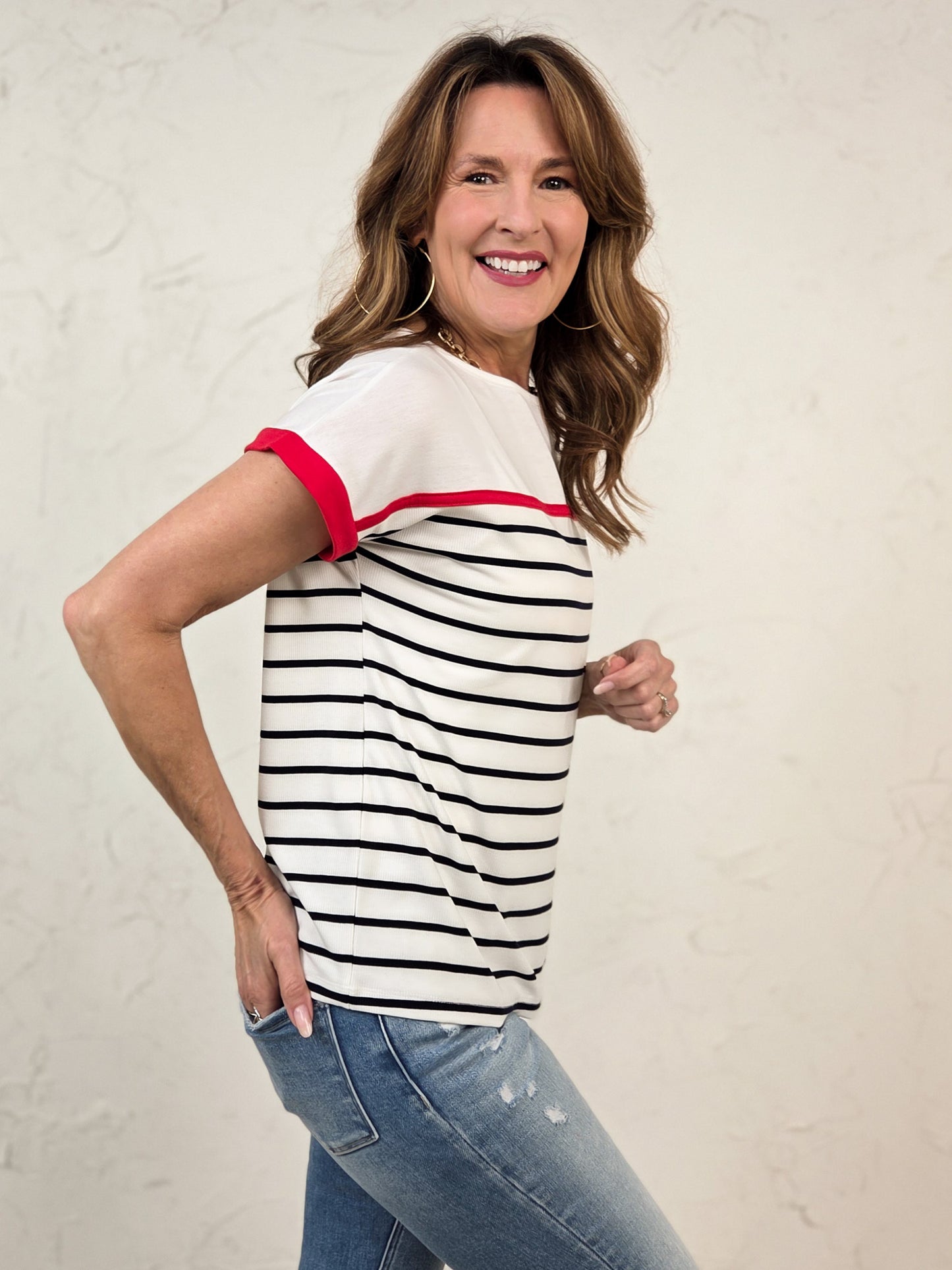 Short Sleeve Color Trimmed Striped Top
