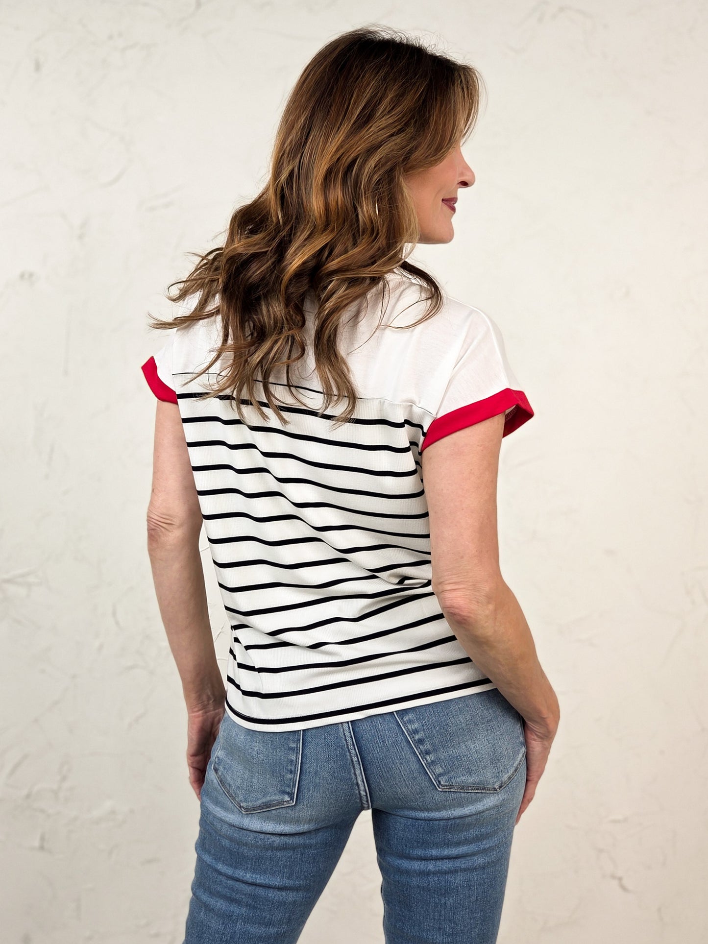 Short Sleeve Color Trimmed Striped Top