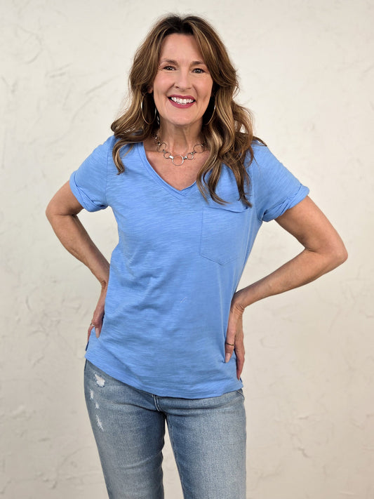 V-Neck Raw Edge Slub Short Sleeve Top