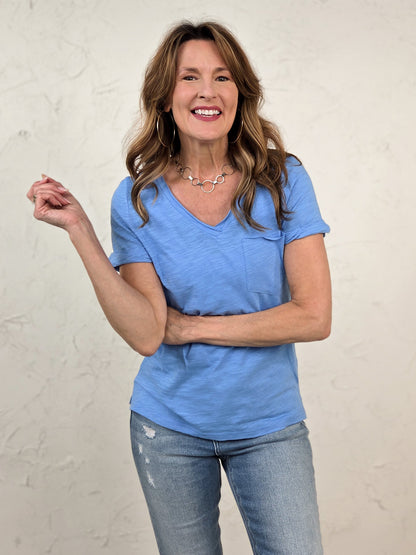V-Neck Raw Edge Slub Short Sleeve Top
