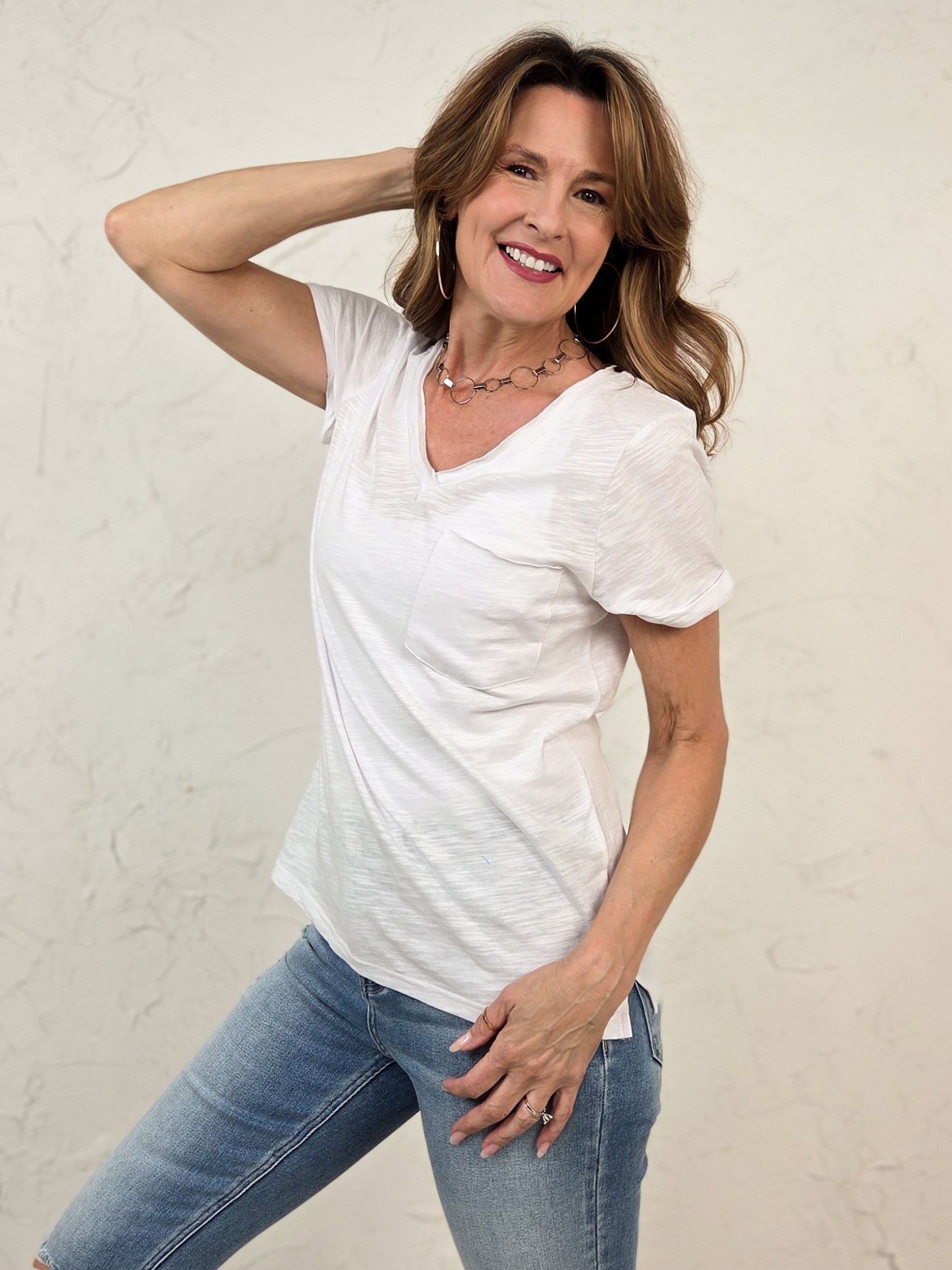 V-Neck Raw Edge Slub Short Sleeve Top