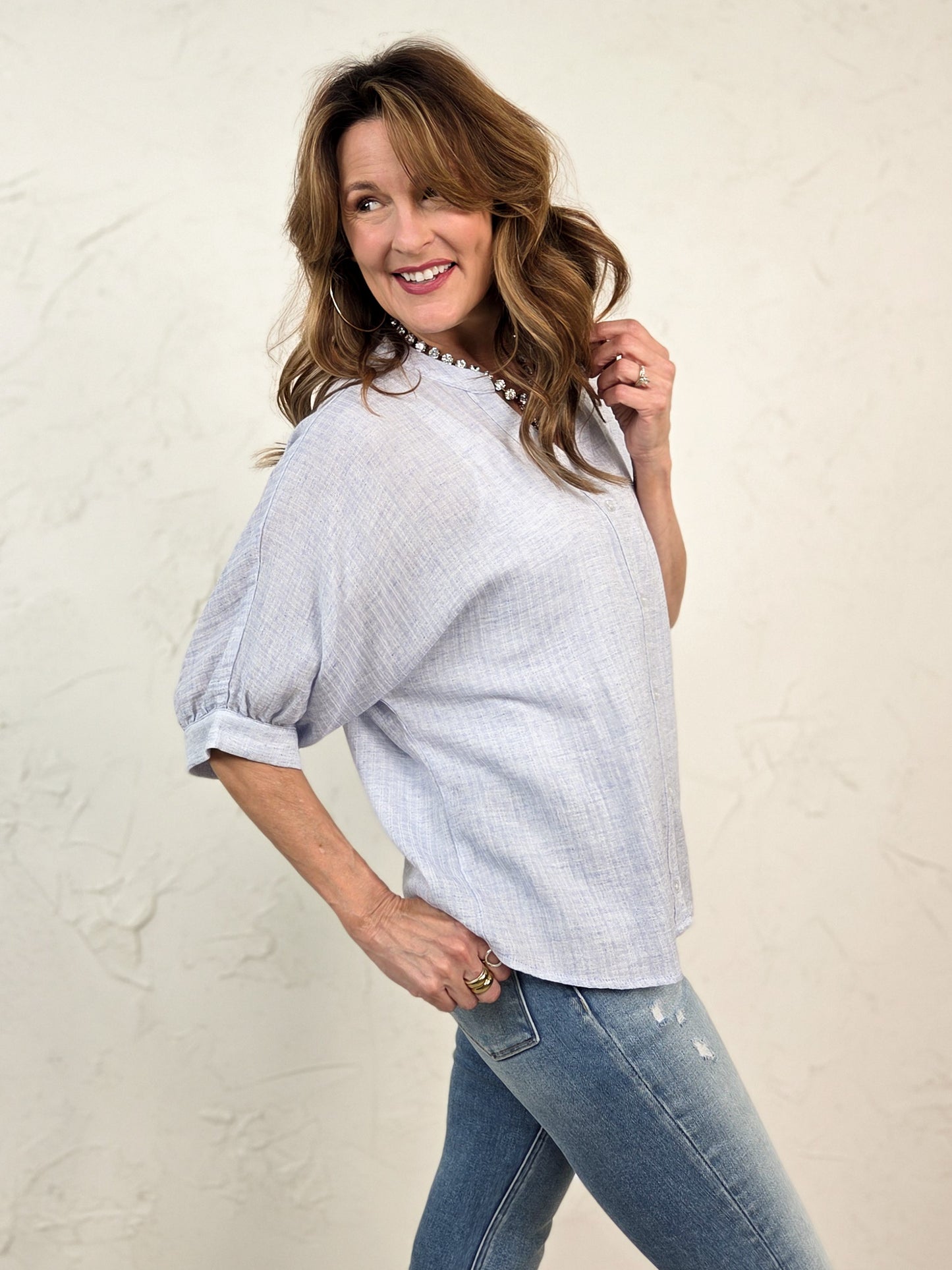 China Collar Button Down Linen Top