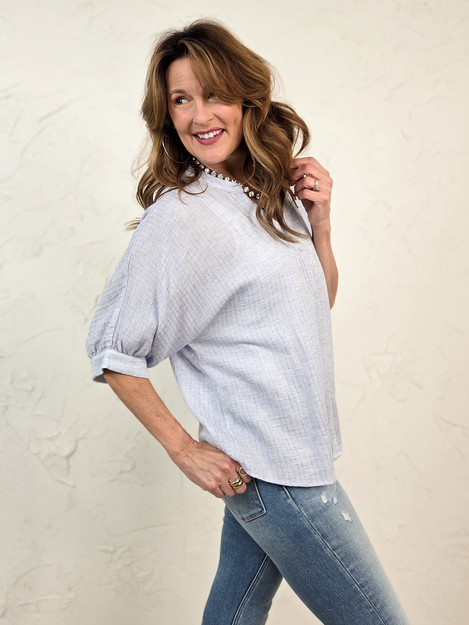 China Collar Button Down Linen Top