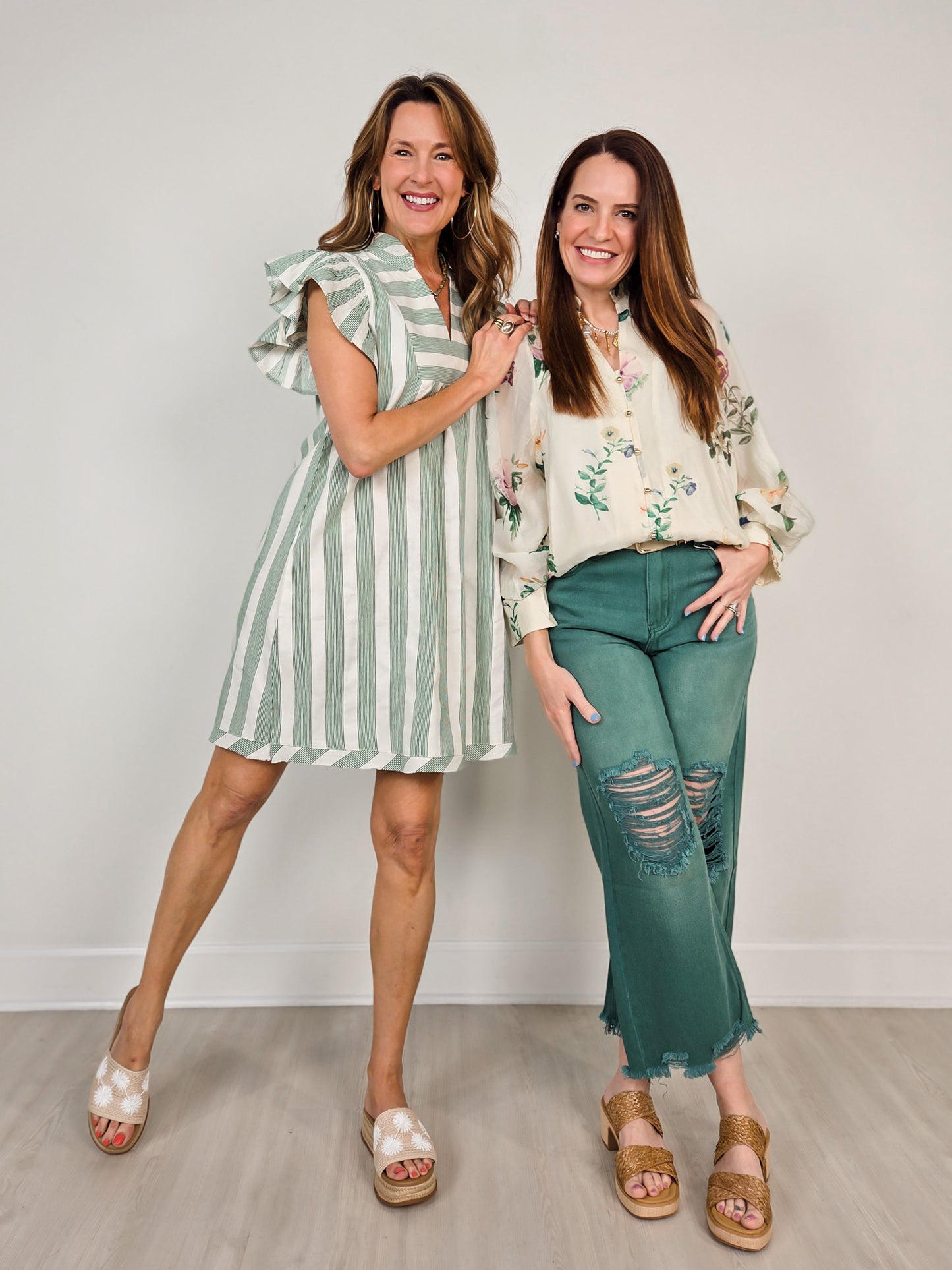 Floral Long Puff Sleeve Ruffled Neck Top with Button Front