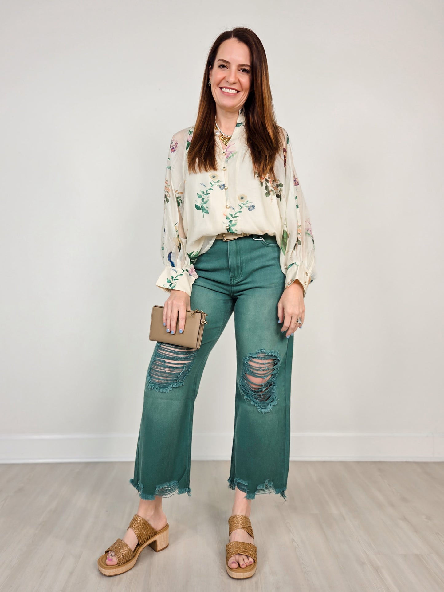 Floral Long Puff Sleeve Ruffled Neck Top with Button Front