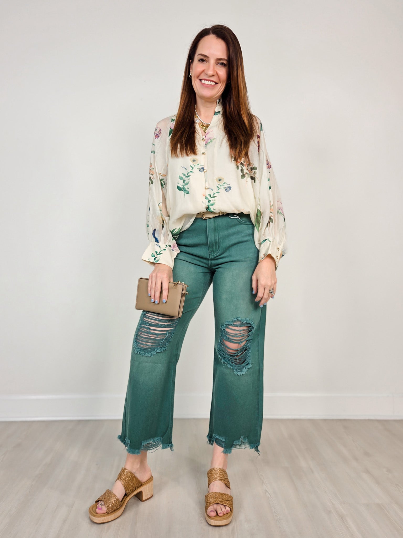 Floral Long Puff Sleeve Ruffled Neck Top with Button Front