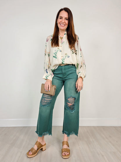 Floral Long Puff Sleeve Ruffled Neck Top with Button Front