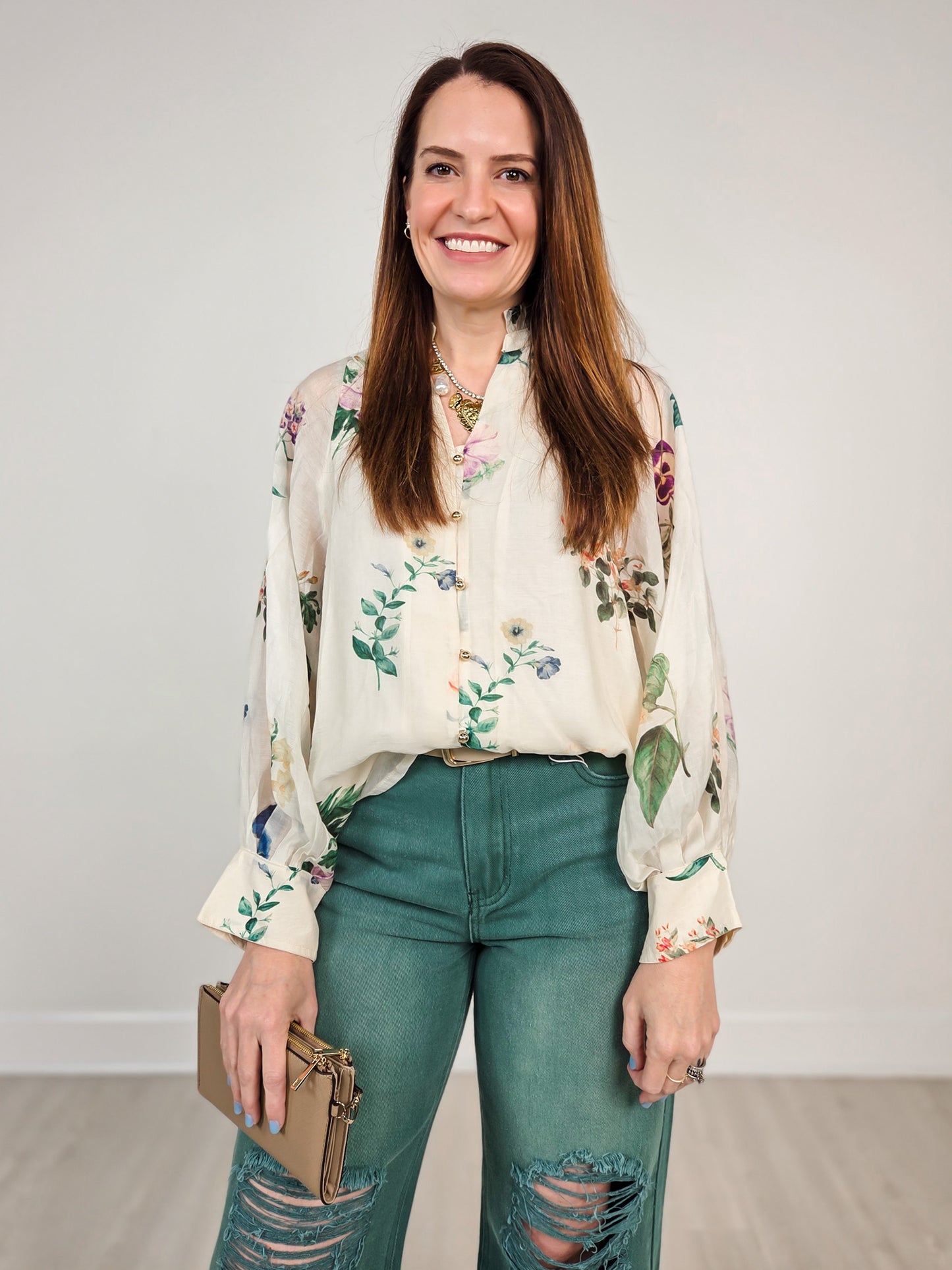 Floral Long Puff Sleeve Ruffled Neck Top with Button Front