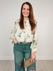 Floral Long Puff Sleeve Ruffled Neck Top with Button Front
