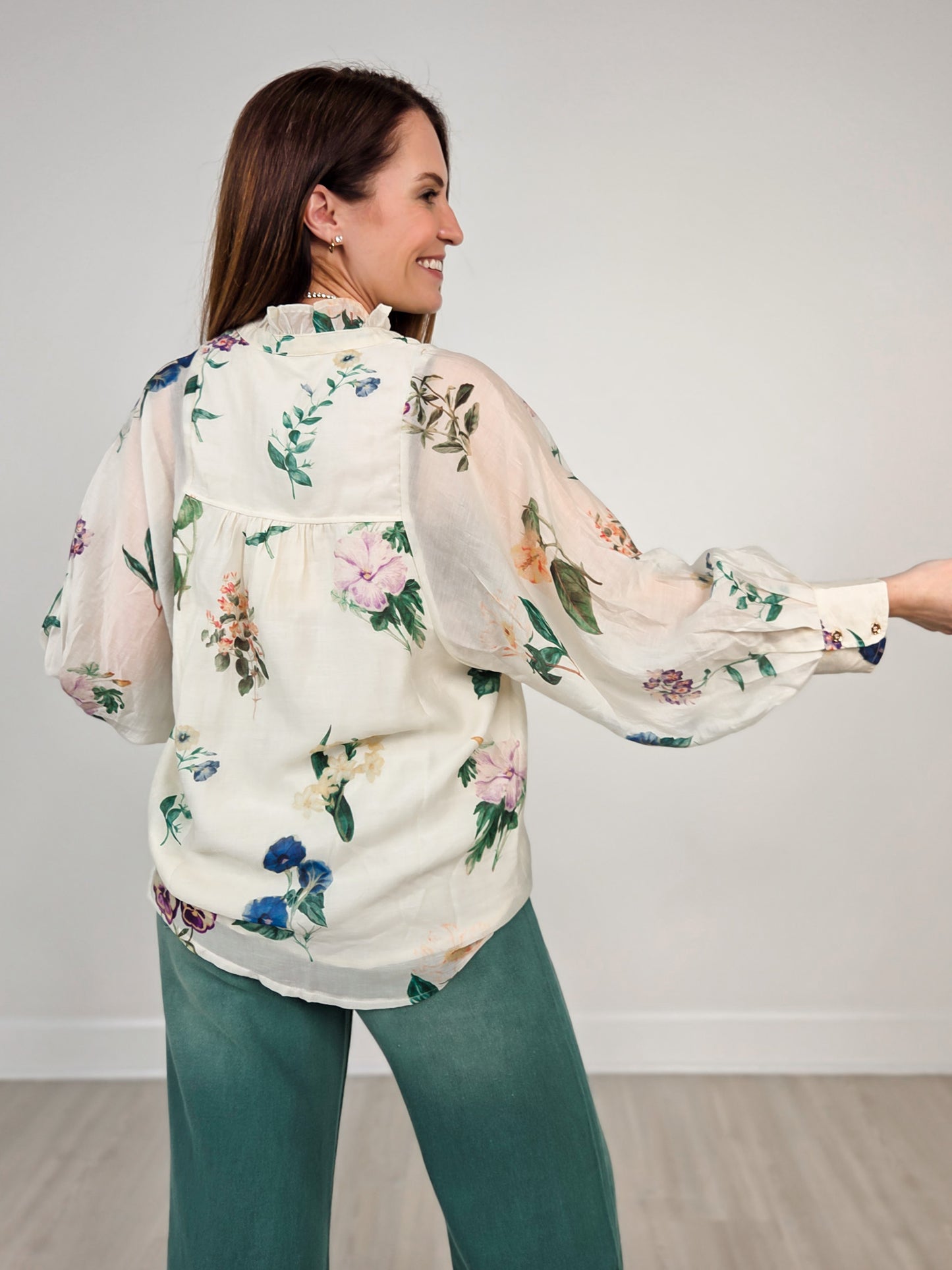 Floral Long Puff Sleeve Ruffled Neck Top with Button Front