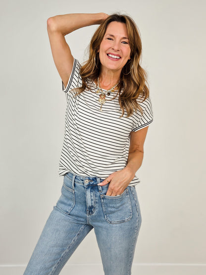 Short Sleeve Varsity Taped Hem Striped Top