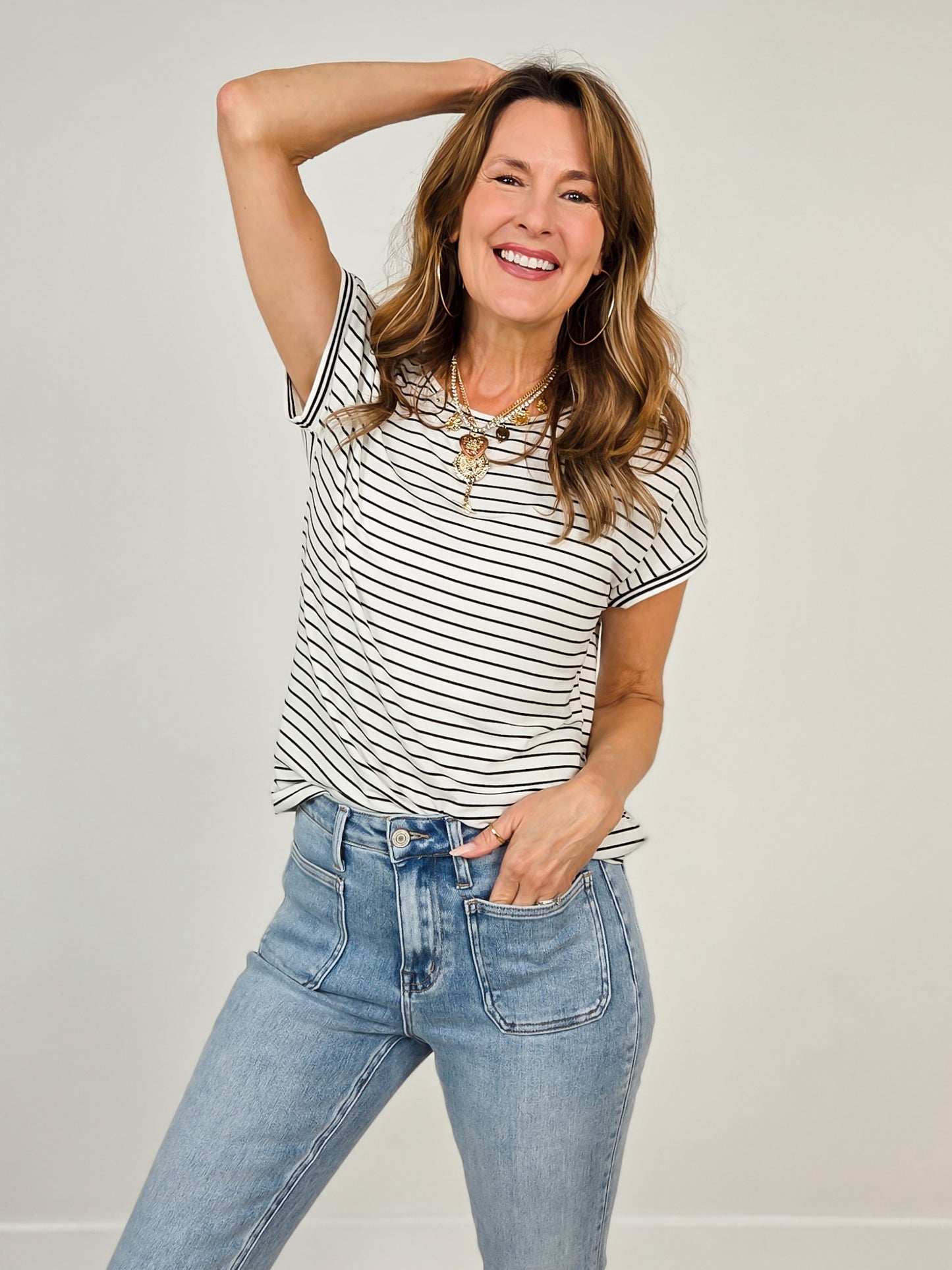 Short Sleeve Varsity Taped Hem Striped Top