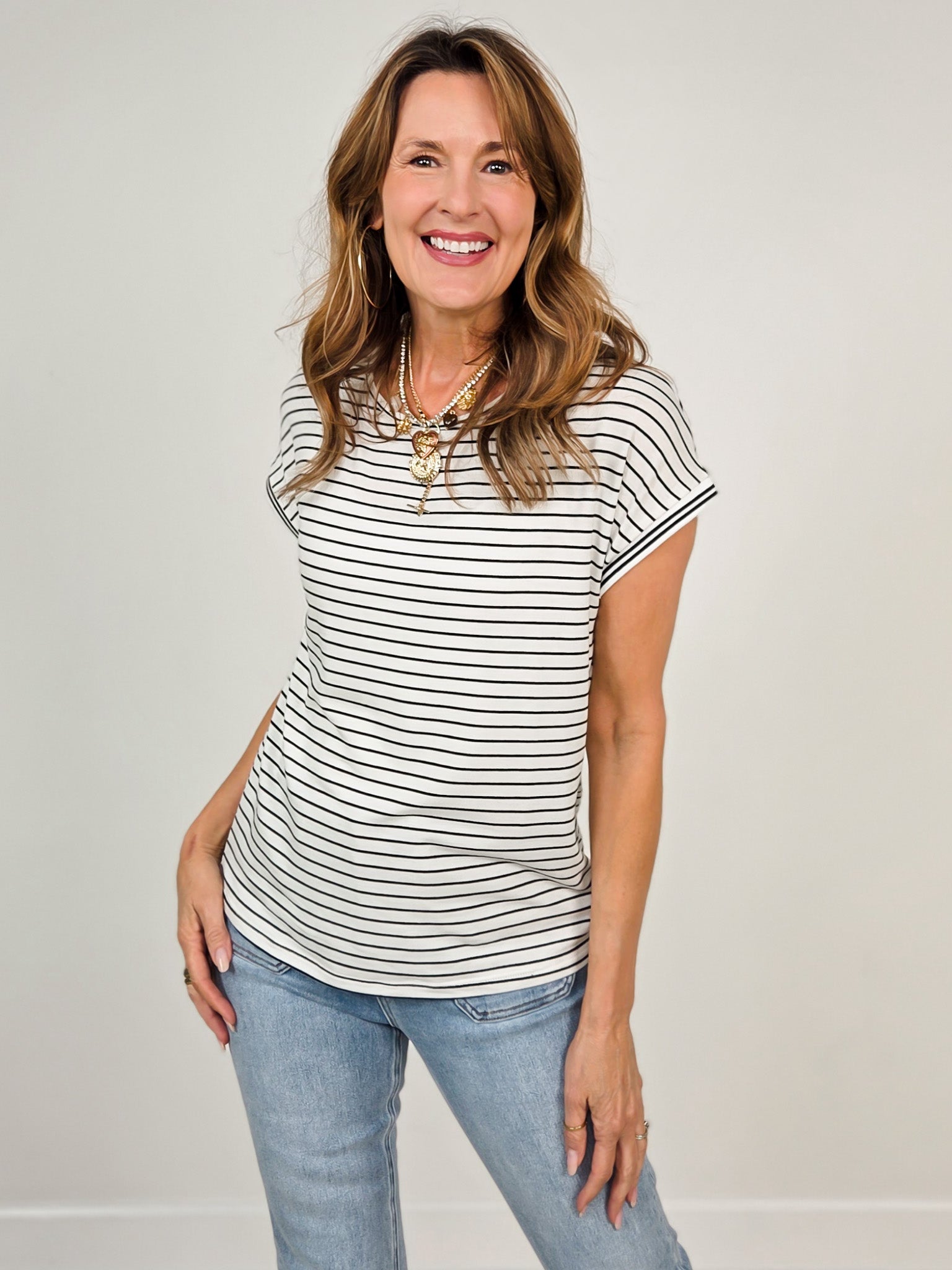 Short Sleeve Varsity Taped Hem Striped Top