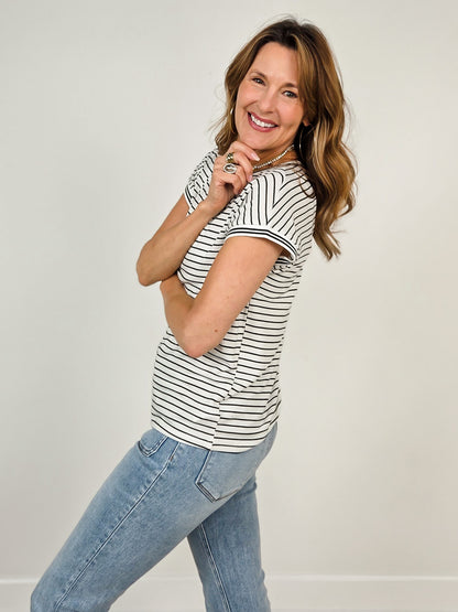 Short Sleeve Varsity Taped Hem Striped Top