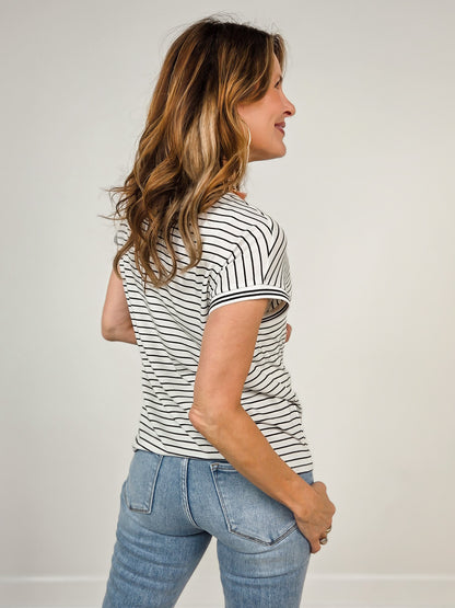 Short Sleeve Varsity Taped Hem Striped Top